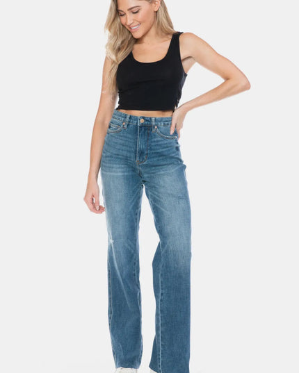 Judy Blue Full Size Tummy Control Cut Raw Hem Straight Jeans - THE AMERICAN BLUE