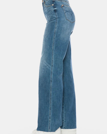 Judy Blue Full Size Tummy Control Cut Raw Hem Straight Jeans - THE AMERICAN BLUE