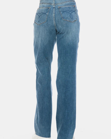 Judy Blue Full Size Tummy Control Cut Raw Hem Straight Jeans - THE AMERICAN BLUE