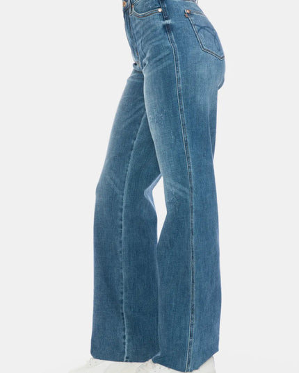 Judy Blue Full Size Tummy Control Cut Raw Hem Straight Jeans - THE AMERICAN BLUE