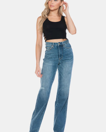 Judy Blue Full Size Tummy Control Cut Raw Hem Straight Jeans - THE AMERICAN BLUE