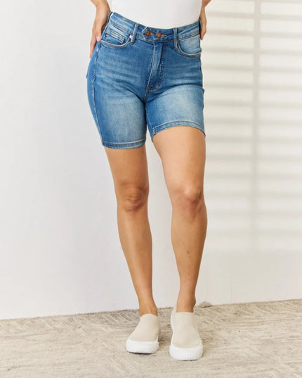 Judy Blue Full Size Tummy Control Double Button Bermuda Denim Shorts - THE AMERICAN BLUE