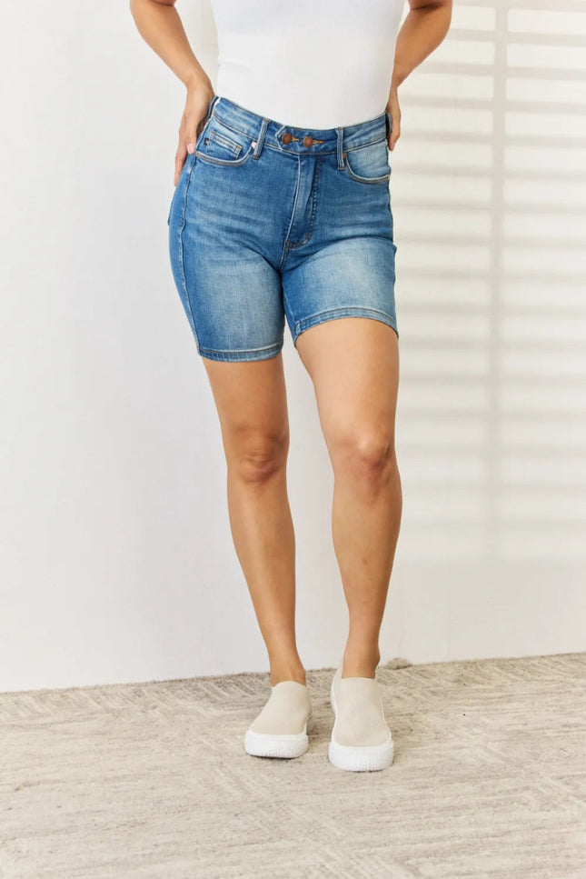 Judy Blue Full Size Tummy Control Double Button Bermuda Denim Shorts - THE AMERICAN BLUE