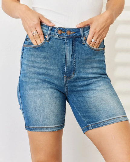 Judy Blue Full Size Tummy Control Double Button Bermuda Denim Shorts - THE AMERICAN BLUE