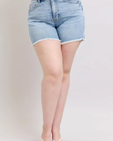 Judy Blue Full Size Tummy Control Raw Hem Denim Shorts Plus Size - THE AMERICAN BLUE