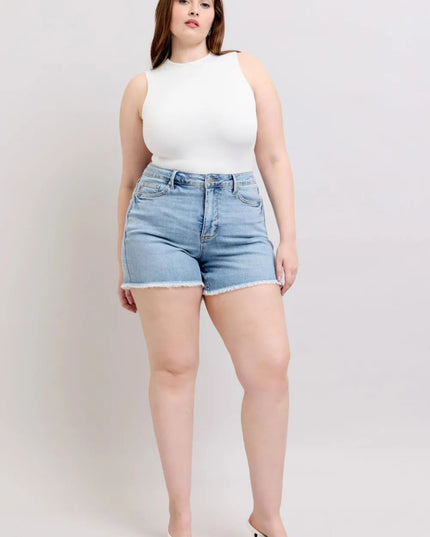 Judy Blue Full Size Tummy Control Raw Hem Denim Shorts Plus Size - THE AMERICAN BLUE