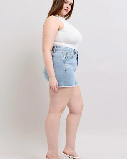 Judy Blue Full Size Tummy Control Raw Hem Denim Shorts Plus Size - THE AMERICAN BLUE