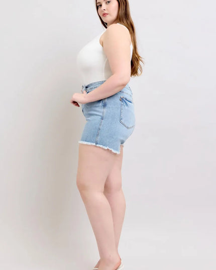 Judy Blue Full Size Tummy Control Raw Hem Denim Shorts Plus Size - THE AMERICAN BLUE