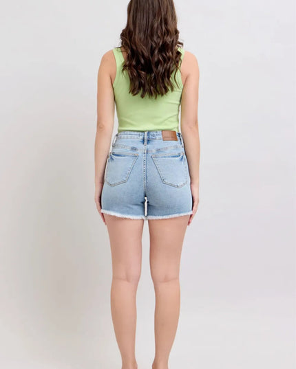 Judy Blue Full Size Tummy Control Raw Hem Denim Shorts Plus Size - THE AMERICAN BLUE
