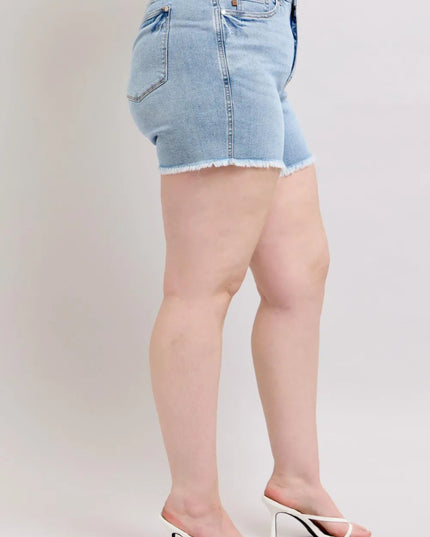 Judy Blue Full Size Tummy Control Raw Hem Denim Shorts Plus Size - THE AMERICAN BLUE