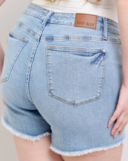 Judy Blue Full Size Tummy Control Raw Hem Denim Shorts Plus Size - THE AMERICAN BLUE