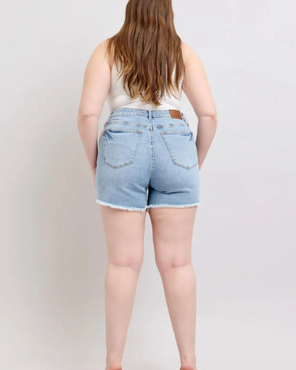 Judy Blue Full Size Tummy Control Raw Hem Denim Shorts Plus Size - THE AMERICAN BLUE