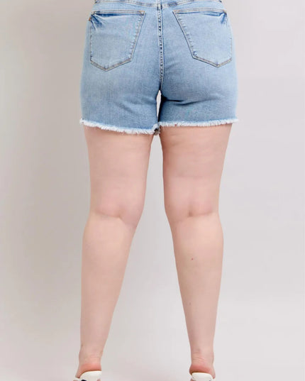 Judy Blue Full Size Tummy Control Raw Hem Denim Shorts Plus Size - THE AMERICAN BLUE