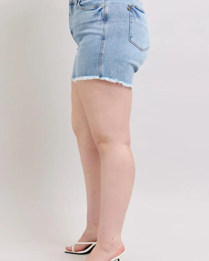 Judy Blue Full Size Tummy Control Raw Hem Denim Shorts Plus Size - THE AMERICAN BLUE