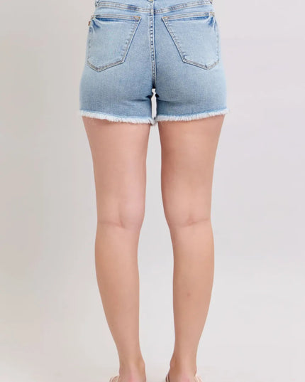 Judy Blue Full Size Tummy Control Raw Hem Denim Shorts Plus Size - THE AMERICAN BLUE