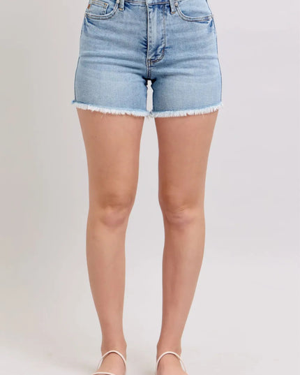 Judy Blue Full Size Tummy Control Raw Hem Denim Shorts Plus Size - THE AMERICAN BLUE