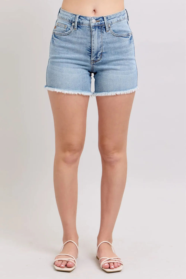 Judy Blue Full Size Tummy Control Raw Hem Denim Shorts Plus Size - THE AMERICAN BLUE