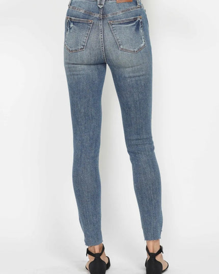 Judy Blue Full Size Tummy Control Vintage Wash Hem Destroy Skinny Jeans - THE AMERICAN BLUE