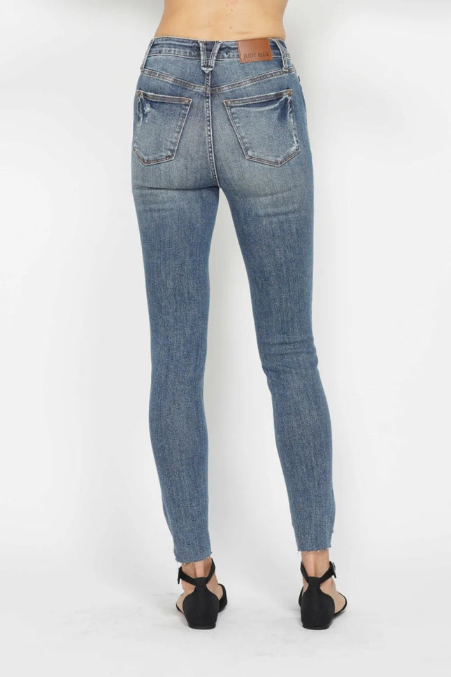 Judy Blue Full Size Tummy Control Vintage Wash Hem Destroy Skinny Jeans - THE AMERICAN BLUE