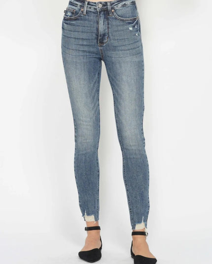 Judy Blue Full Size Tummy Control Vintage Wash Hem Destroy Skinny Jeans - THE AMERICAN BLUE