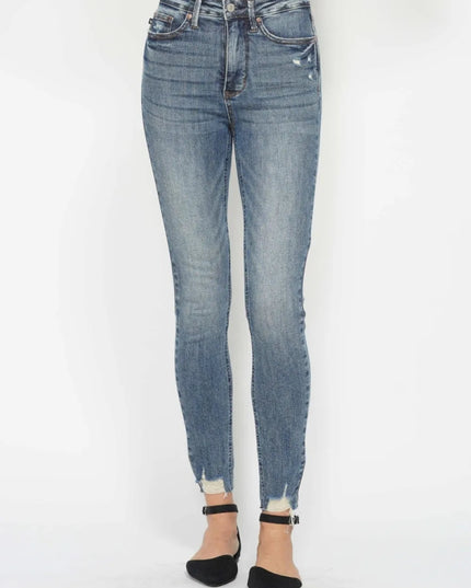 Judy Blue Full Size Tummy Control Vintage Wash Hem Destroy Skinny Jeans - THE AMERICAN BLUE
