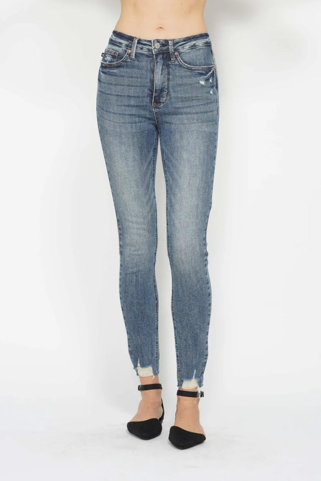 Judy Blue Full Size Tummy Control Vintage Wash Hem Destroy Skinny Jeans - THE AMERICAN BLUE