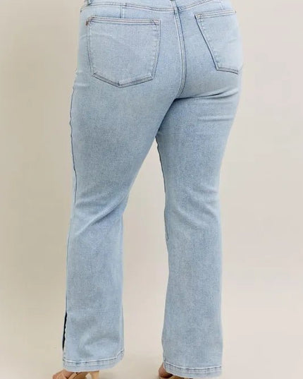Judy Blue Full Size Tummy Control Vintage Wash Side Slit Slim Boot Jeans Plus Size - THE AMERICAN BLUE