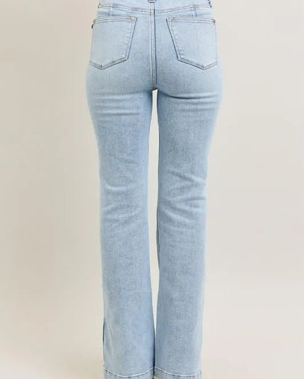 Judy Blue Full Size Tummy Control Vintage Wash Side Slit Slim Boot Jeans Plus Size - THE AMERICAN BLUE