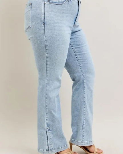 Judy Blue Full Size Tummy Control Vintage Wash Side Slit Slim Boot Jeans Plus Size - THE AMERICAN BLUE