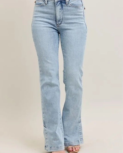 Judy Blue Full Size Tummy Control Vintage Wash Side Slit Slim Boot Jeans Plus Size - THE AMERICAN BLUE