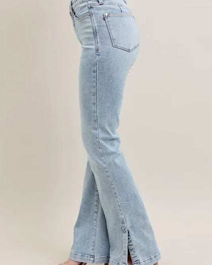 Judy Blue Full Size Tummy Control Vintage Wash Side Slit Slim Boot Jeans Plus Size - THE AMERICAN BLUE