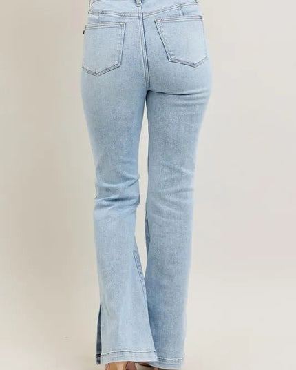 Judy Blue Full Size Tummy Control Vintage Wash Side Slit Slim Boot Jeans Plus Size - THE AMERICAN BLUE