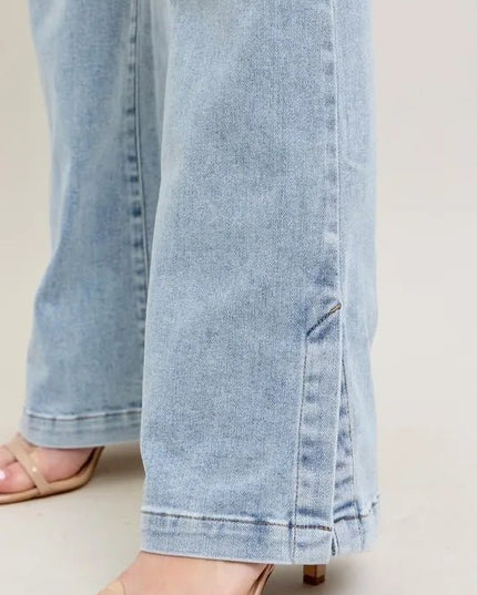 Judy Blue Full Size Tummy Control Vintage Wash Side Slit Slim Boot Jeans Plus Size - THE AMERICAN BLUE