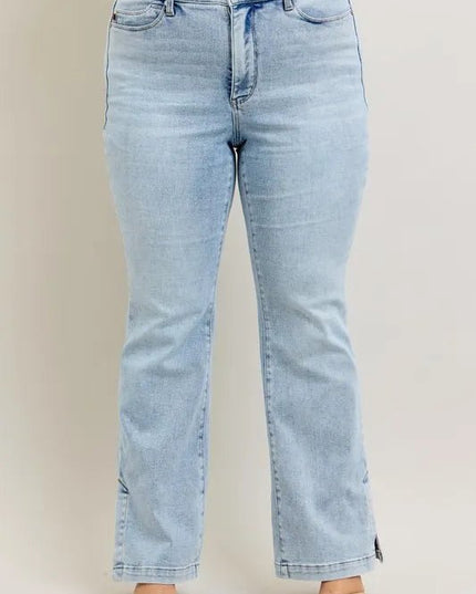 Judy Blue Full Size Tummy Control Vintage Wash Side Slit Slim Boot Jeans Plus Size - THE AMERICAN BLUE
