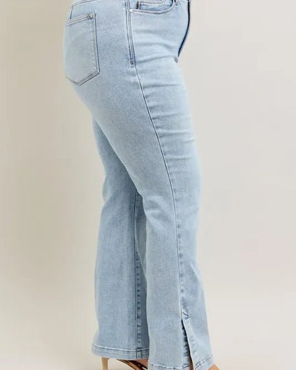 Judy Blue Full Size Tummy Control Vintage Wash Side Slit Slim Boot Jeans Plus Size - THE AMERICAN BLUE