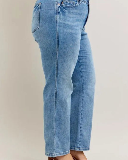 Judy Blue Full Size Tummy Control Vintage Wash Straight Jeans Plus Size - THE AMERICAN BLUE