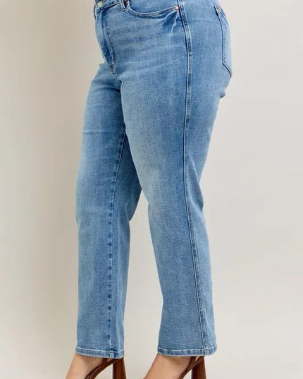 Judy Blue Full Size Tummy Control Vintage Wash Straight Jeans Plus Size - THE AMERICAN BLUE