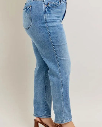 Judy Blue Full Size Tummy Control Vintage Wash Straight Jeans Plus Size - THE AMERICAN BLUE