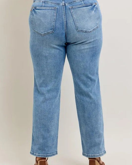 Judy Blue Full Size Tummy Control Vintage Wash Straight Jeans Plus Size - THE AMERICAN BLUE