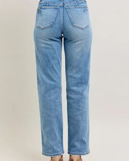 Judy Blue Full Size Tummy Control Vintage Wash Straight Jeans Plus Size - THE AMERICAN BLUE