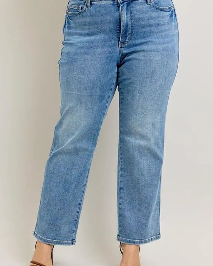 Judy Blue Full Size Tummy Control Vintage Wash Straight Jeans Plus Size - THE AMERICAN BLUE