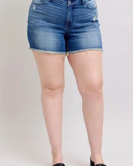 Judy Blue Full Size V - Front Denim Shorts with Shield Pockets Plus Size - THE AMERICAN BLUE