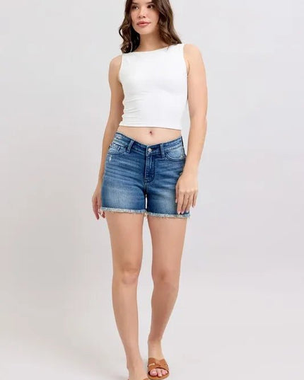 Judy Blue Full Size V - Front Denim Shorts with Shield Pockets Plus Size - THE AMERICAN BLUE