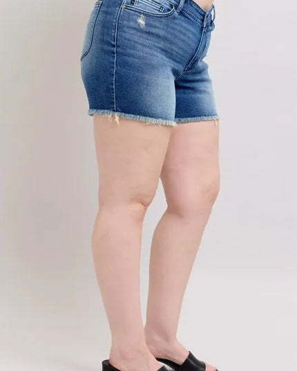 Judy Blue Full Size V - Front Denim Shorts with Shield Pockets Plus Size - THE AMERICAN BLUE