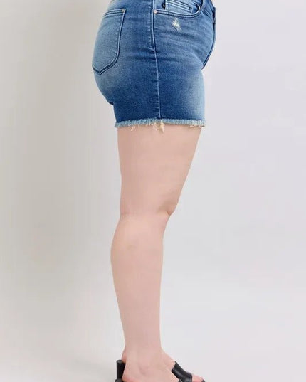 Judy Blue Full Size V - Front Denim Shorts with Shield Pockets Plus Size - THE AMERICAN BLUE