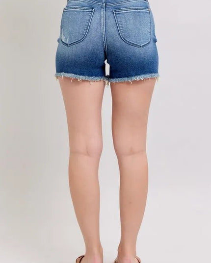 Judy Blue Full Size V - Front Denim Shorts with Shield Pockets Plus Size - THE AMERICAN BLUE