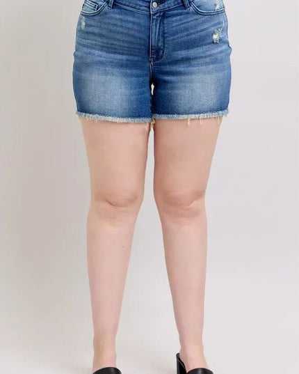Judy Blue Full Size V - Front Denim Shorts with Shield Pockets Plus Size - THE AMERICAN BLUE