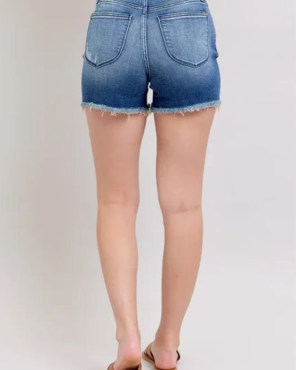 Judy Blue Full Size V - Front Denim Shorts with Shield Pockets Plus Size - THE AMERICAN BLUE