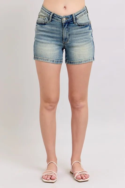 Judy Blue Full Size V - Front Vintage Wash Shorts Plus Size - THE AMERICAN BLUE