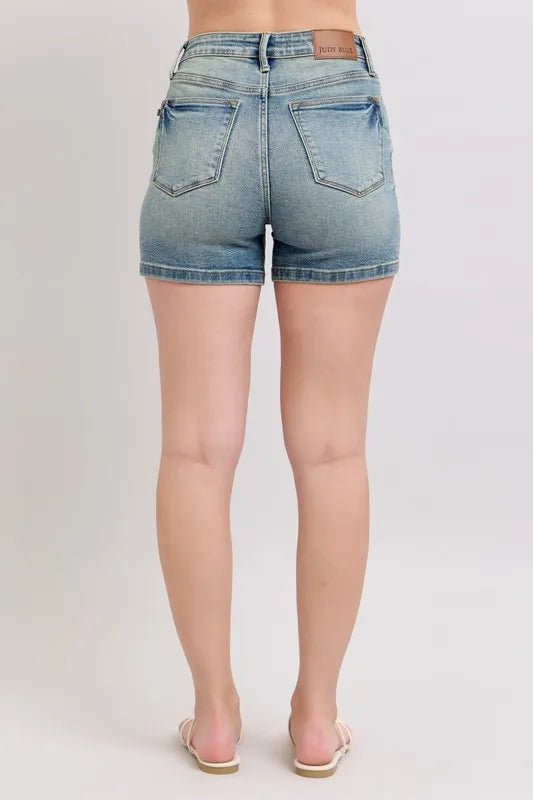 Judy Blue Full Size V - Front Vintage Wash Shorts Plus Size - THE AMERICAN BLUE